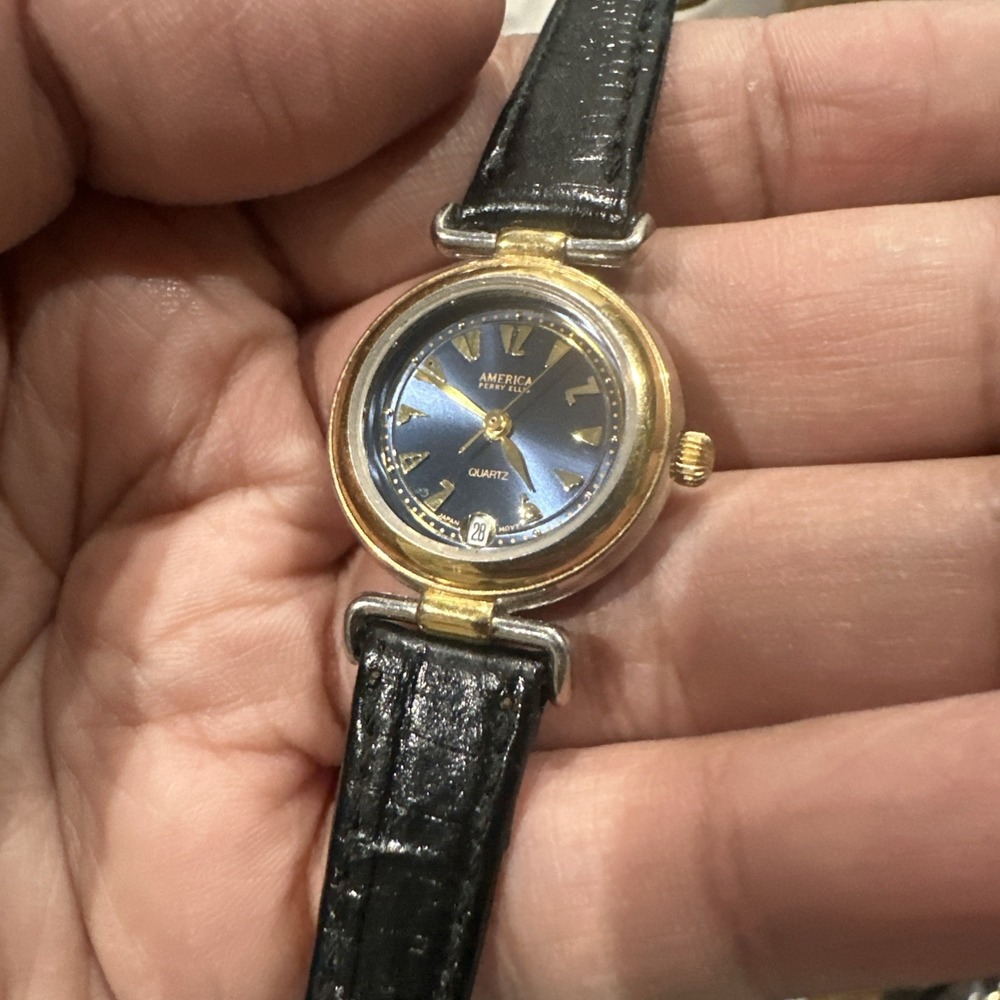 Working Vtg Ladies Perry Ellis America Watch Blue Dial Two‎ Tone Bezel 23mm 7in"